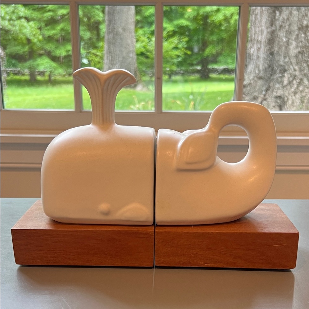 Jonathan Adler Cream Ceramic Whale Bookends on Wood Bases